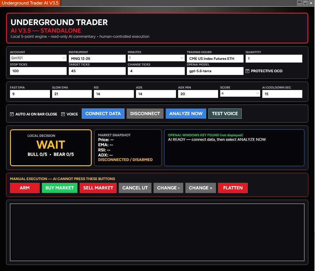 Underground Trader AI V3.5 application dashboard