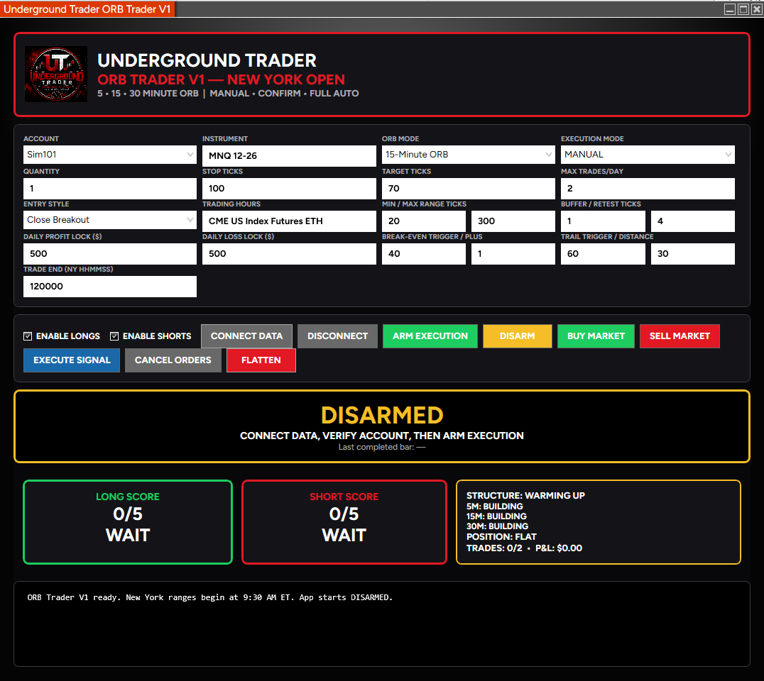 Underground Trader ORB Trader V1 application dashboard